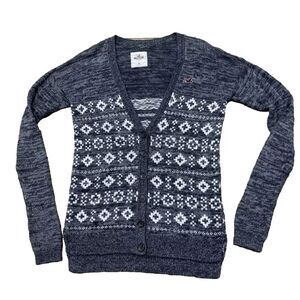 HOLLISTER FairIsle Cardigan Womens M Classic Logo Nordic Knit Sweater Gray White